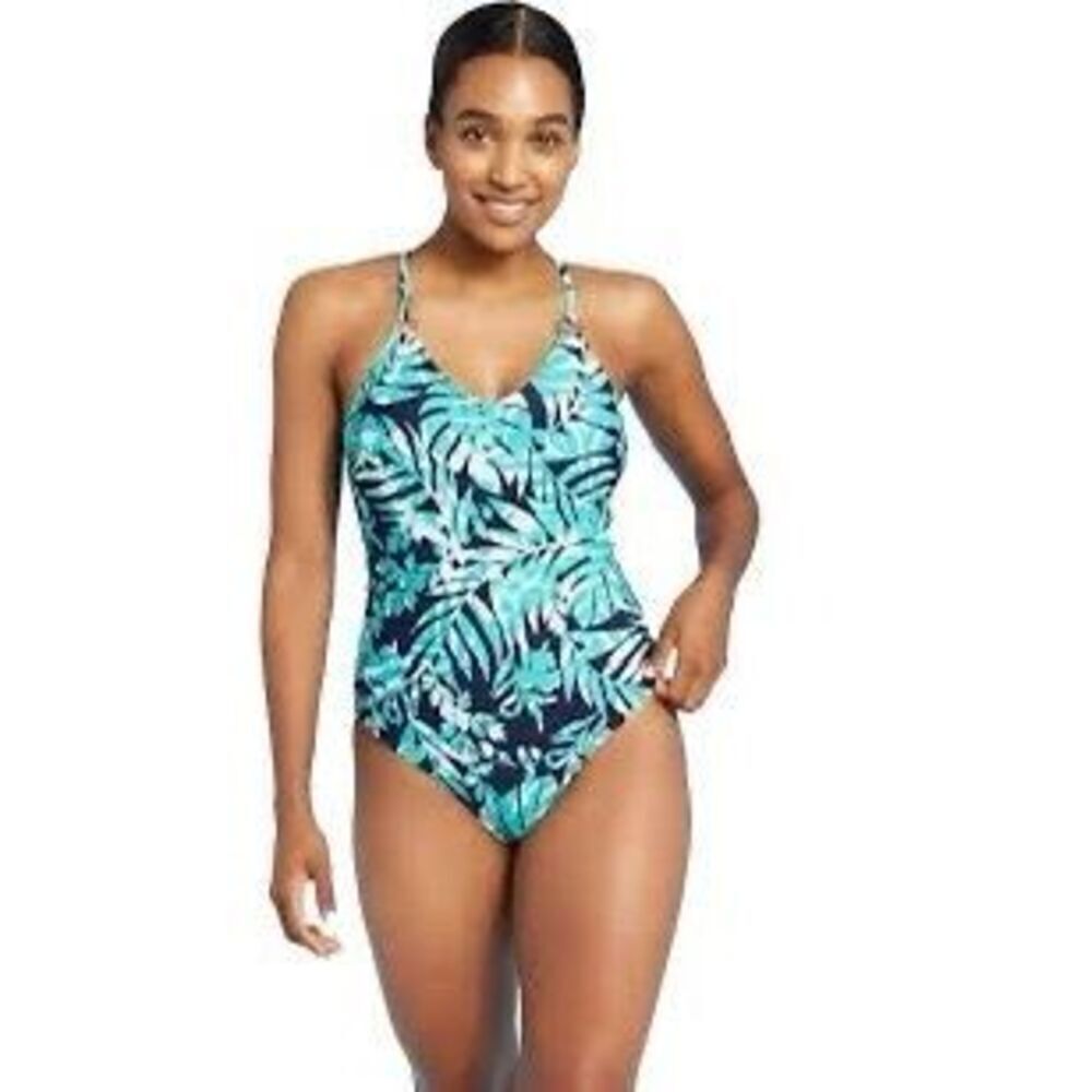 Kona Sol Size S Loop Back One Piece Swimsuit Navy Aqua Palm Print Tropical Beach